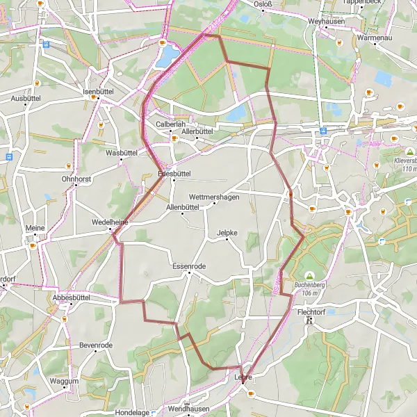 Karten-Miniaturansicht der Radinspiration "Kurze Gravel-Tour von Lehre nach Ehmen" in Braunschweig, Germany. Erstellt vom Tarmacs.app-Routenplaner für Radtouren