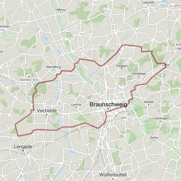 Map miniature of "Lehre to Lagesbüttel Gravel Route" cycling inspiration in Braunschweig, Germany. Generated by Tarmacs.app cycling route planner