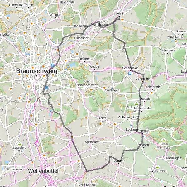 Map miniature of "Lehre to Hondelage" cycling inspiration in Braunschweig, Germany. Generated by Tarmacs.app cycling route planner