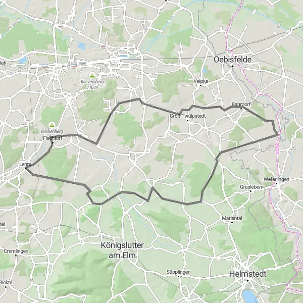 Map miniature of "Lehre to Kampstüh Road Route" cycling inspiration in Braunschweig, Germany. Generated by Tarmacs.app cycling route planner