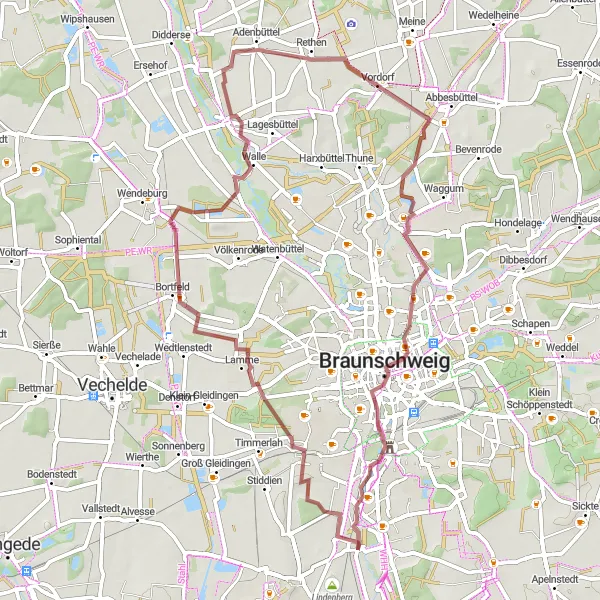 Map miniature of "Steinberg to Rüningen Gravel Ride" cycling inspiration in Braunschweig, Germany. Generated by Tarmacs.app cycling route planner