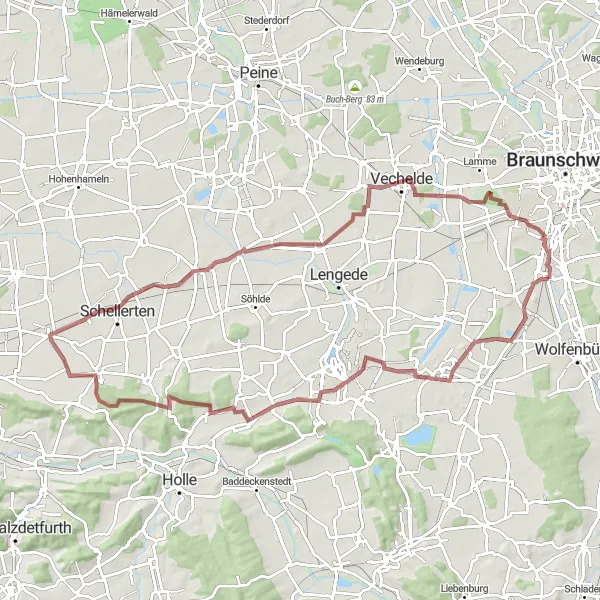 Map miniature of "Salzgitter to Rüningen Gravel Ride" cycling inspiration in Braunschweig, Germany. Generated by Tarmacs.app cycling route planner