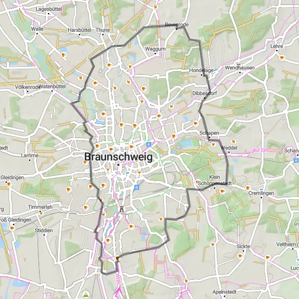 Map miniature of "Rüningen to Stöckheim Road Ride" cycling inspiration in Braunschweig, Germany. Generated by Tarmacs.app cycling route planner