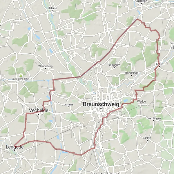 Map miniature of "Lengede - Liedingen Gravel Challenge" cycling inspiration in Braunschweig, Germany. Generated by Tarmacs.app cycling route planner