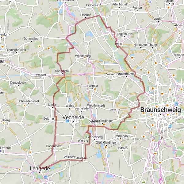 Map miniature of "Lengede-Liedingen-Roth-Berg-Rüper-Groß Schwülper-Münzberg-Lammer Berg-Vallstedt Circuit" cycling inspiration in Braunschweig, Germany. Generated by Tarmacs.app cycling route planner