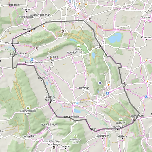 Map miniature of "Upen and Salder Castle Road Cycling" cycling inspiration in Braunschweig, Germany. Generated by Tarmacs.app cycling route planner