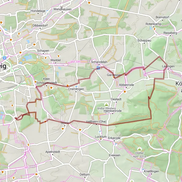 Karten-Miniaturansicht der Radinspiration "Dörfer und Naturrouten" in Braunschweig, Germany. Erstellt vom Tarmacs.app-Routenplaner für Radtouren