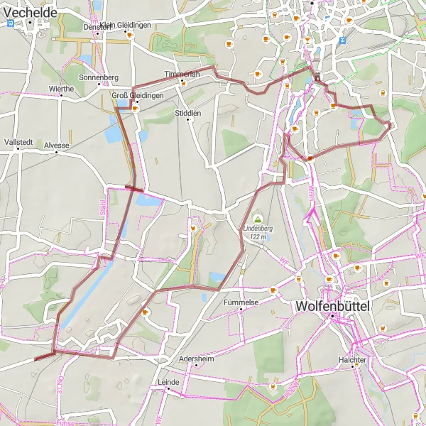 Map miniature of "Scenic Gravel Ride near Mascherode" cycling inspiration in Braunschweig, Germany. Generated by Tarmacs.app cycling route planner