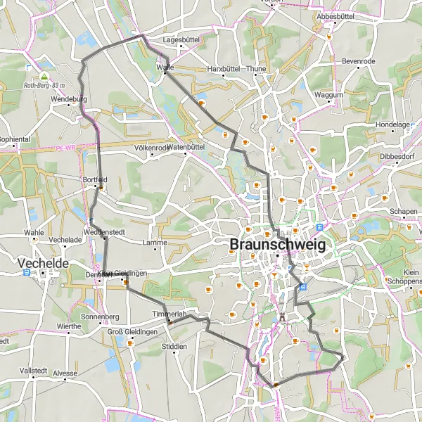 Map miniature of "Exploring the Surroundings" cycling inspiration in Braunschweig, Germany. Generated by Tarmacs.app cycling route planner