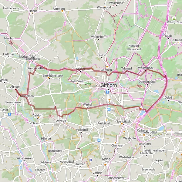 Karten-Miniaturansicht der Radinspiration "Mühlenberg und Leiferde auf einer Tour erleben" in Braunschweig, Germany. Erstellt vom Tarmacs.app-Routenplaner für Radtouren