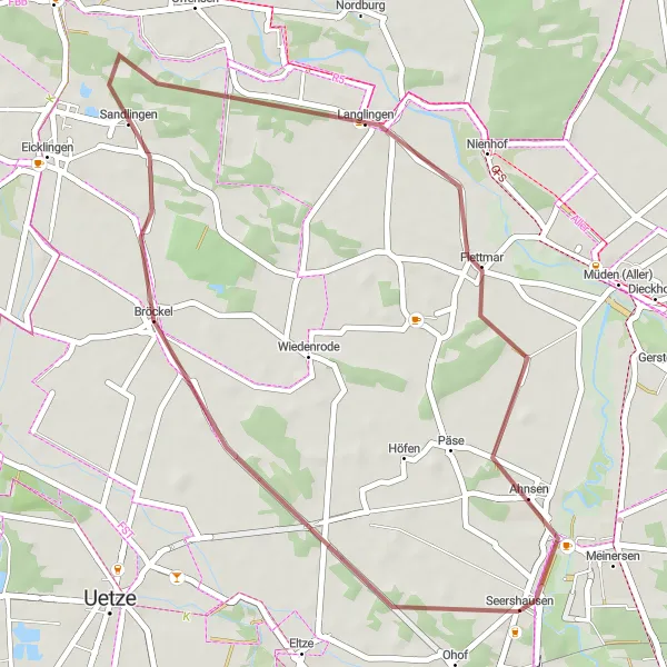 Map miniature of "Bröckel and Langlingen Gravel Loop" cycling inspiration in Braunschweig, Germany. Generated by Tarmacs.app cycling route planner