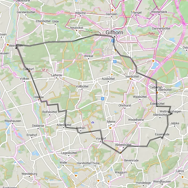 Karten-Miniaturansicht der Radinspiration "Gifhorn und Vordorf auf einer Radtour entdecken" in Braunschweig, Germany. Erstellt vom Tarmacs.app-Routenplaner für Radtouren