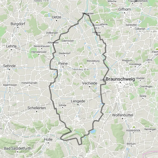 Map miniature of "Hillerse and Wolfsburg Road Adventure" cycling inspiration in Braunschweig, Germany. Generated by Tarmacs.app cycling route planner