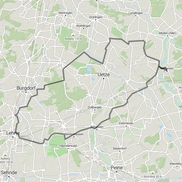 Map miniature of "Along the Countryside" cycling inspiration in Braunschweig, Germany. Generated by Tarmacs.app cycling route planner