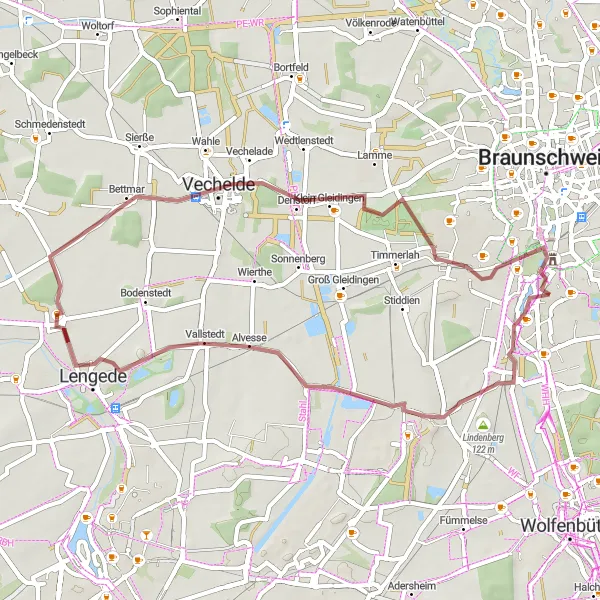 Map miniature of "Rüningen - Lindenberg - Seilbahnberg - Lengede - Vechelde - Lammer Berg - Kreißberg - Schloß Richmond loop" cycling inspiration in Braunschweig, Germany. Generated by Tarmacs.app cycling route planner