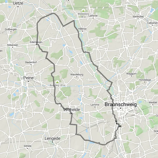 Map miniature of "Rüningen - Lindenberg - Vechelde - Mödesse - Didderse - Schloß Richmond loop" cycling inspiration in Braunschweig, Germany. Generated by Tarmacs.app cycling route planner