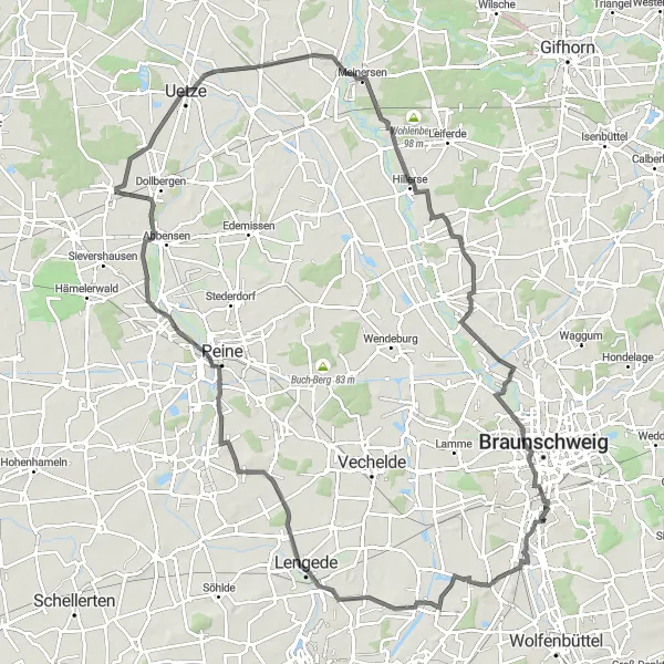 Map miniature of "Lindenberg - Beddingen - Lengede - Lahberg - Peine - Uetze - Hillerse - Veltenhof - Münzberg loop" cycling inspiration in Braunschweig, Germany. Generated by Tarmacs.app cycling route planner