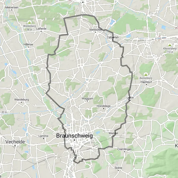 Map miniature of "Richmond Castle - Adenbüttel - Calberlah - Lehre - Weddeler Berg loop" cycling inspiration in Braunschweig, Germany. Generated by Tarmacs.app cycling route planner