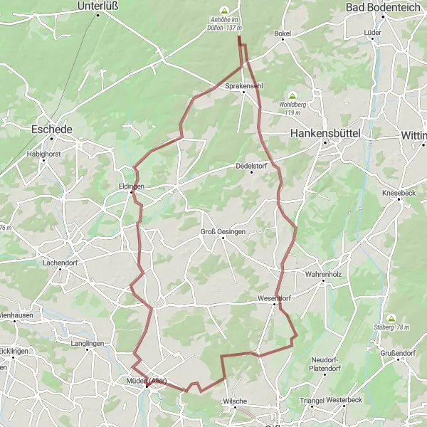 Karten-Miniaturansicht der Radinspiration "Gravel-Radtour um Müden (Aller)" in Braunschweig, Germany. Erstellt vom Tarmacs.app-Routenplaner für Radtouren