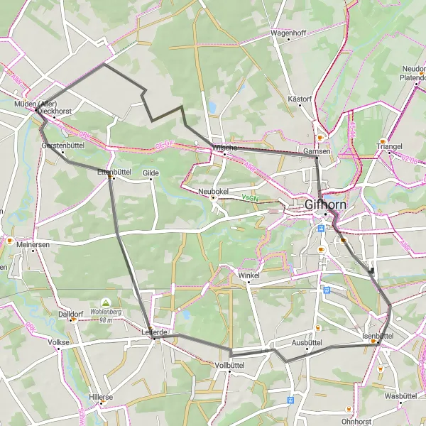 Karten-Miniaturansicht der Radinspiration "Radtour durch die Region um Müden (Aller)" in Braunschweig, Germany. Erstellt vom Tarmacs.app-Routenplaner für Radtouren