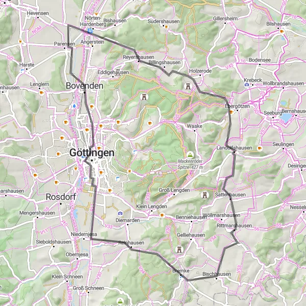 Karten-Miniaturansicht der Radinspiration "Die Rundtour durch Göttingen und Umgebung" in Braunschweig, Germany. Erstellt vom Tarmacs.app-Routenplaner für Radtouren