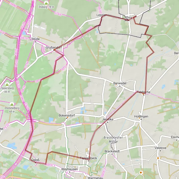 Map miniature of "Osloß to Tiddische" cycling inspiration in Braunschweig, Germany. Generated by Tarmacs.app cycling route planner
