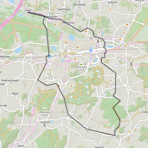 Map miniature of "Osloß to Fallersleben" cycling inspiration in Braunschweig, Germany. Generated by Tarmacs.app cycling route planner