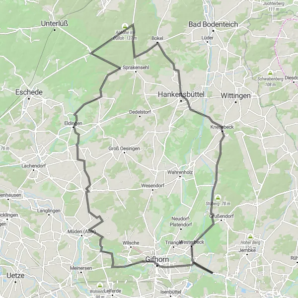 Karten-Miniaturansicht der Radinspiration "Die große Runde um Gifhorn" in Braunschweig, Germany. Erstellt vom Tarmacs.app-Routenplaner für Radtouren