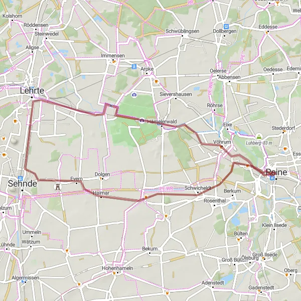 Map miniature of "Peine to Vöhrum Loop" cycling inspiration in Braunschweig, Germany. Generated by Tarmacs.app cycling route planner