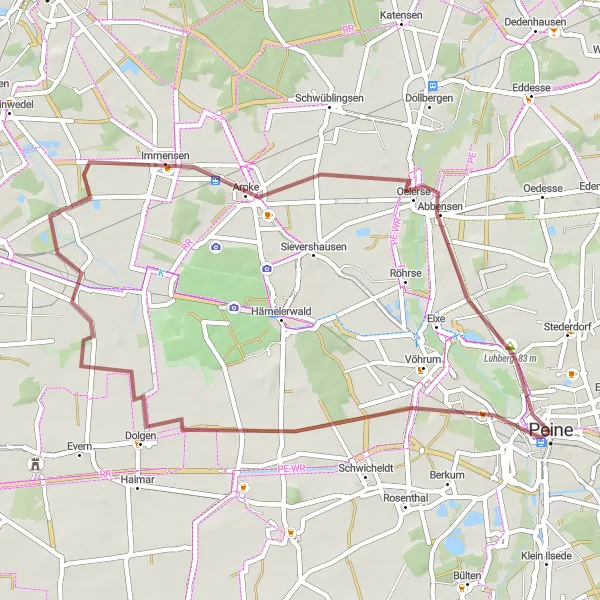 Map miniature of "Peine Gravel Experience - Gravel Cycling Route" cycling inspiration in Braunschweig, Germany. Generated by Tarmacs.app cycling route planner