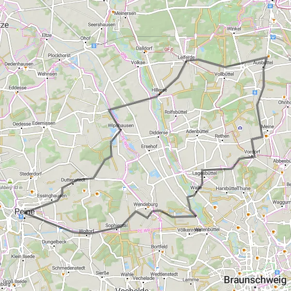 Map miniature of "Peine Loop - Road Cycling Route" cycling inspiration in Braunschweig, Germany. Generated by Tarmacs.app cycling route planner