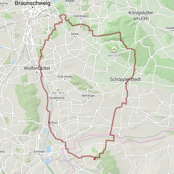 Karten-Miniaturansicht der Radinspiration "Großer Rundkurs durch Veltheim und Hornburg" in Braunschweig, Germany. Erstellt vom Tarmacs.app-Routenplaner für Radtouren