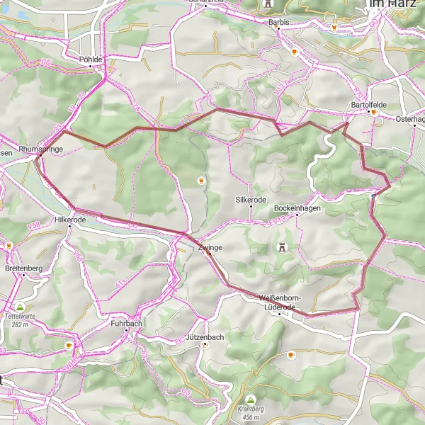 Map miniature of "Gravel Route: Rhumspringe Highlights" cycling inspiration in Braunschweig, Germany. Generated by Tarmacs.app cycling route planner