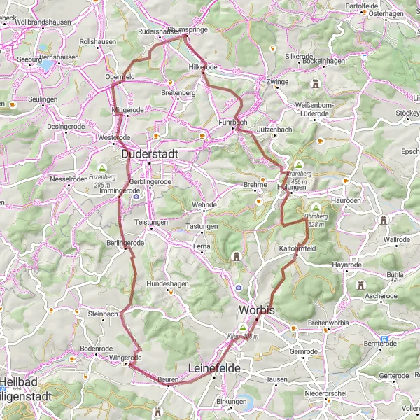 Map miniature of "Gravel Route: Scenic Rhumspringe Adventure" cycling inspiration in Braunschweig, Germany. Generated by Tarmacs.app cycling route planner