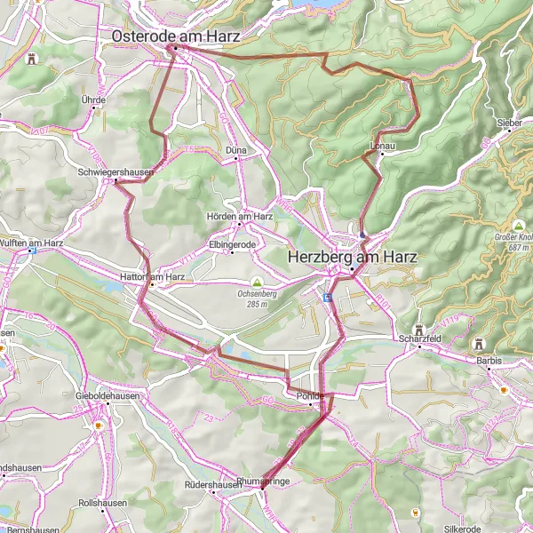 Map miniature of "Gravel Route: Explore the Harz Mountains" cycling inspiration in Braunschweig, Germany. Generated by Tarmacs.app cycling route planner