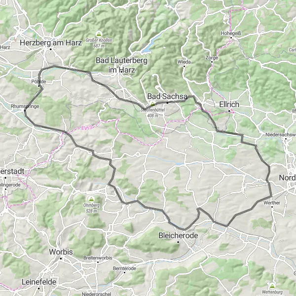 Karten-Miniaturansicht der Radinspiration "Pöhlde-Bad Sachsa-Rundkurs" in Braunschweig, Germany. Erstellt vom Tarmacs.app-Routenplaner für Radtouren