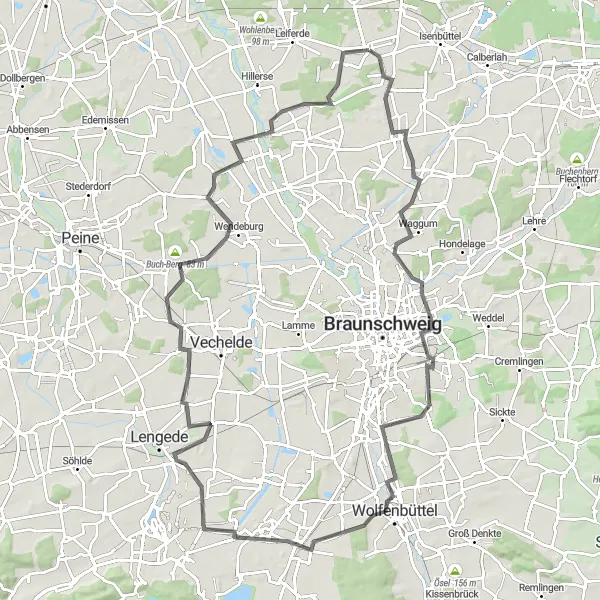 Map miniature of "Meine to Ribbesbüttel Loop" cycling inspiration in Braunschweig, Germany. Generated by Tarmacs.app cycling route planner