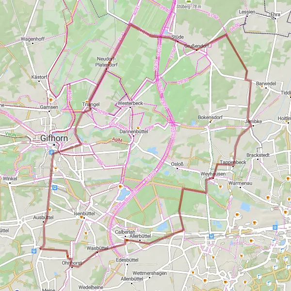 Map miniature of "Gravel Loop from Gifhorn to Rötgesbüttel" cycling inspiration in Braunschweig, Germany. Generated by Tarmacs.app cycling route planner