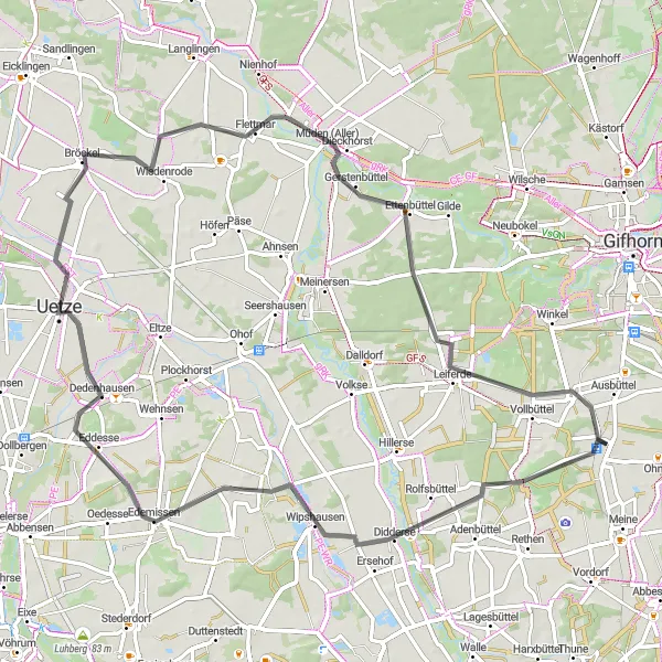 Karten-Miniaturansicht der Radinspiration "Rötgesbüttel Rundfahrt" in Braunschweig, Germany. Erstellt vom Tarmacs.app-Routenplaner für Radtouren