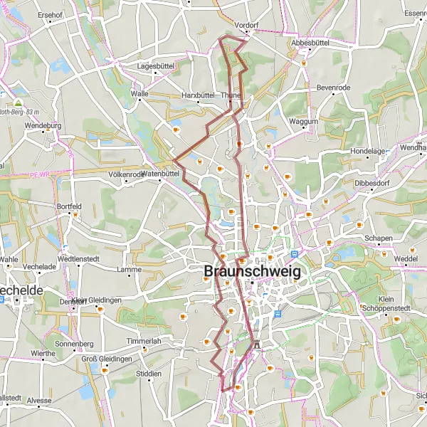 Map miniature of "The Ölper and Gaußberg Gravel Adventure" cycling inspiration in Braunschweig, Germany. Generated by Tarmacs.app cycling route planner