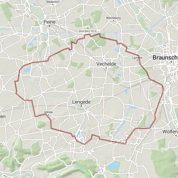 Map miniature of "The Rüningen and Salzgitter Gravel Route" cycling inspiration in Braunschweig, Germany. Generated by Tarmacs.app cycling route planner