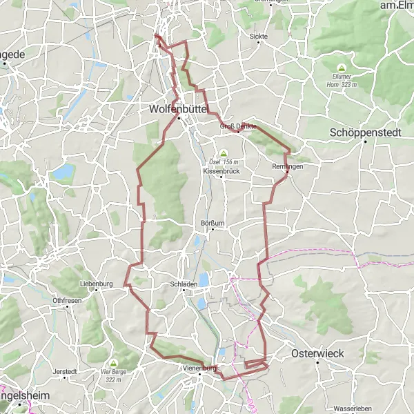 Map miniature of "Rüningen to Wolfenbüttel (Gravel)" cycling inspiration in Braunschweig, Germany. Generated by Tarmacs.app cycling route planner