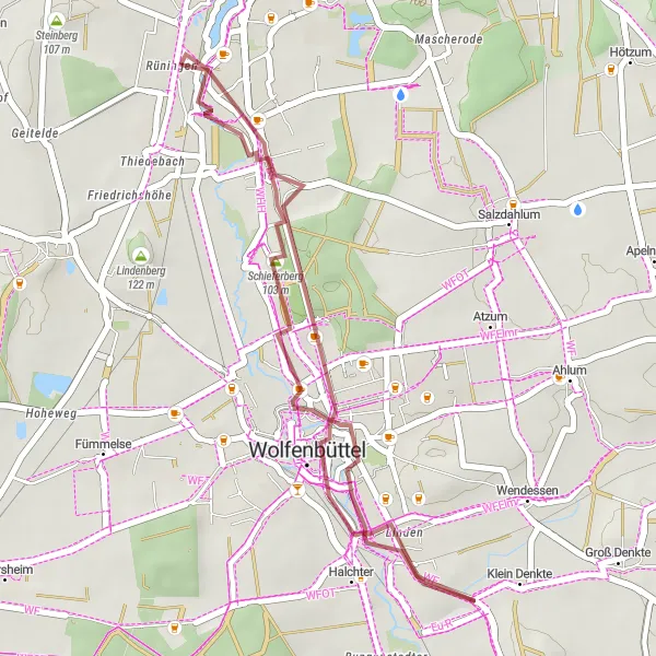 Map miniature of "Rüningen to Wolfenbüttel (Gravel)" cycling inspiration in Braunschweig, Germany. Generated by Tarmacs.app cycling route planner