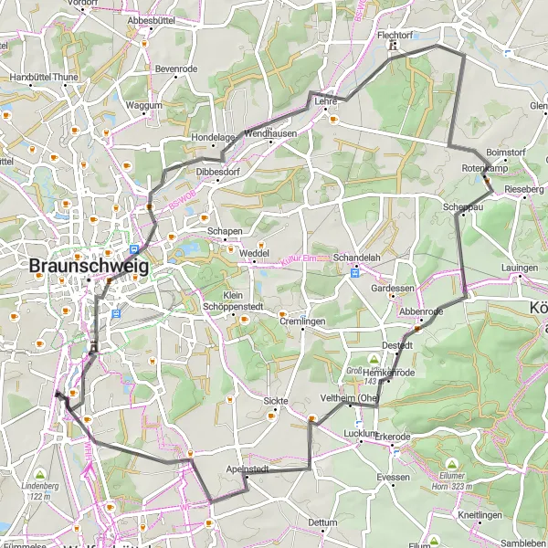 Map miniature of "Rüningen to Veltheim (Ohe) and back" cycling inspiration in Braunschweig, Germany. Generated by Tarmacs.app cycling route planner