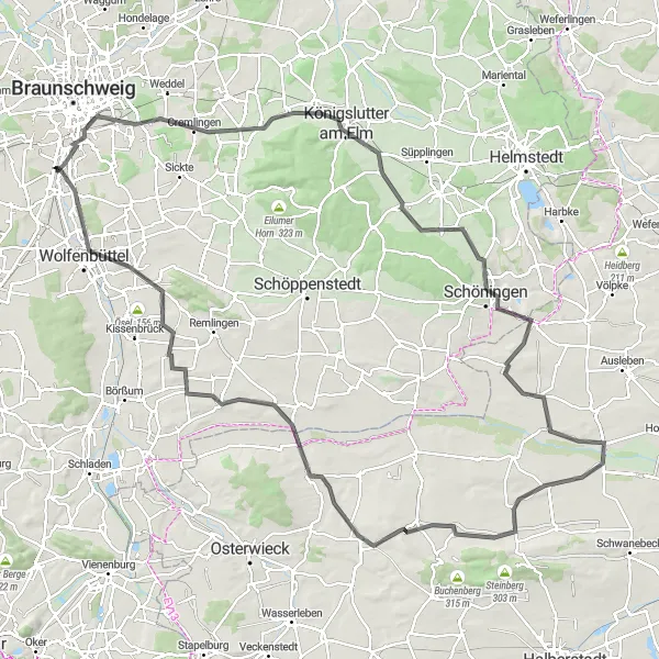 Map miniature of "Rüningen to Wolfenbüttel and back" cycling inspiration in Braunschweig, Germany. Generated by Tarmacs.app cycling route planner