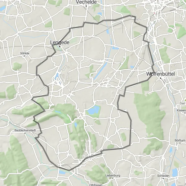 Map miniature of "Rüningen to Broitzem and back" cycling inspiration in Braunschweig, Germany. Generated by Tarmacs.app cycling route planner