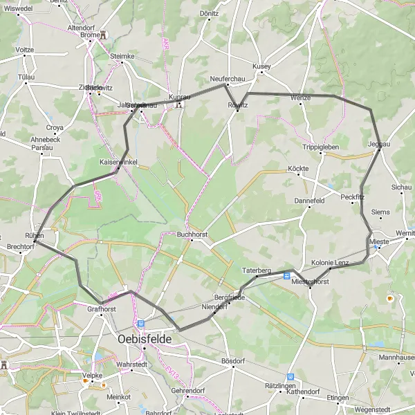 Map miniature of "Discover the Hidden Gems: Kunrau to Rühen Road Ride" cycling inspiration in Braunschweig, Germany. Generated by Tarmacs.app cycling route planner