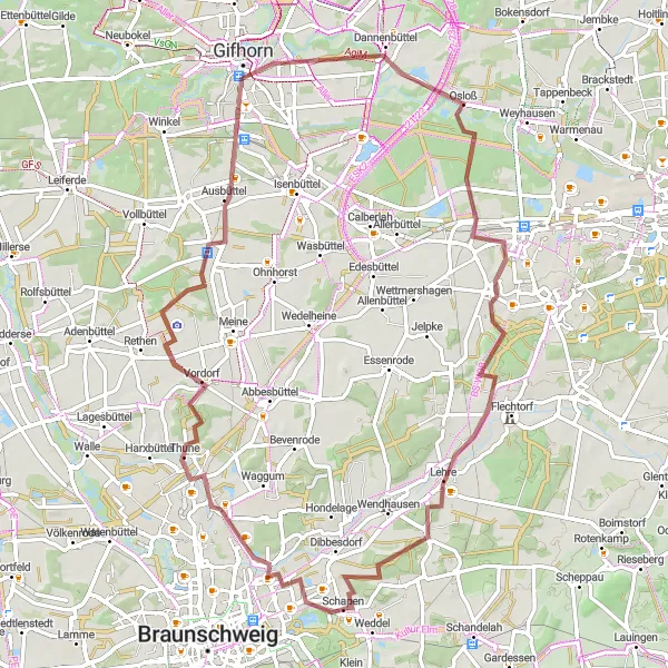 Karten-Miniaturansicht der Radinspiration "Gravel-Tour entlang von Osloß und Lehre" in Braunschweig, Germany. Erstellt vom Tarmacs.app-Routenplaner für Radtouren