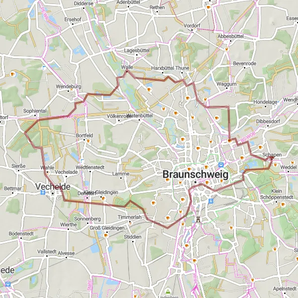 Karten-Miniaturansicht der Radinspiration "Gravel-Tour durch Brunswick und Vechelde" in Braunschweig, Germany. Erstellt vom Tarmacs.app-Routenplaner für Radtouren