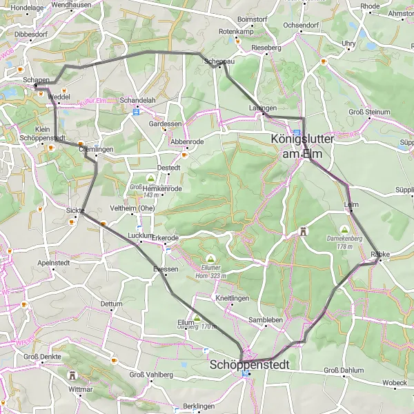 Map miniature of "Elm Loop Adventure" cycling inspiration in Braunschweig, Germany. Generated by Tarmacs.app cycling route planner